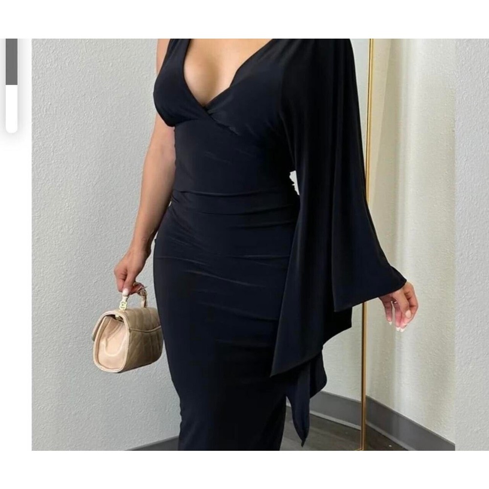 Women's Bodycon Dress Small One Bell Sleeve Ruched Sides Little Black Dress